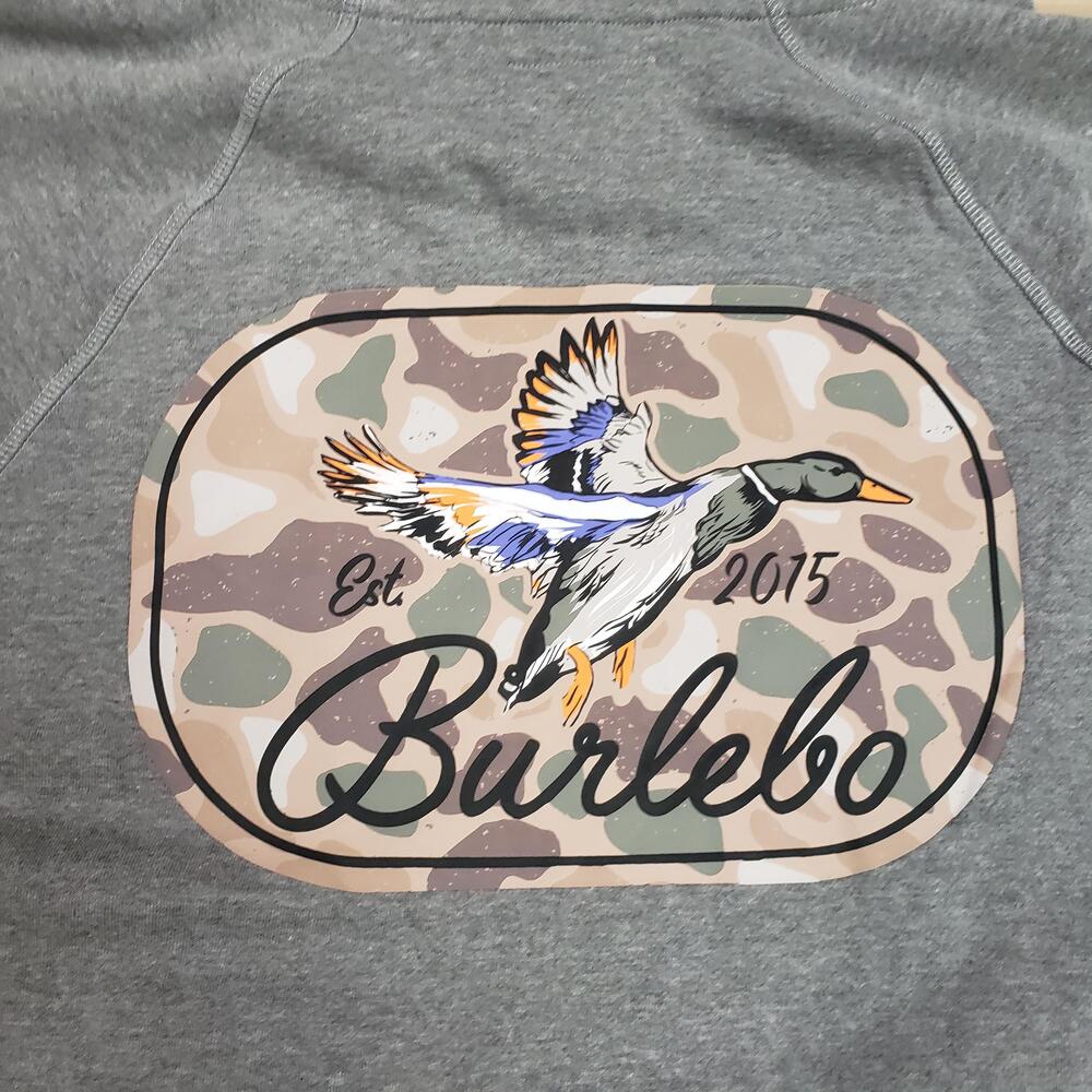 Burlebo Hoodie Sweatshirt Mens XL Gray Pullover Fleece Duck Camo Back Graphic